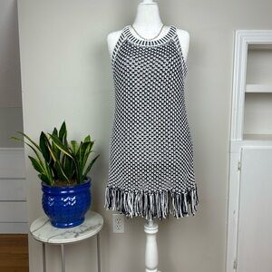 SOFT SURROUNDINGS Bambado Blue White Crochet Knit Fringe Halter Tank Mini Dress